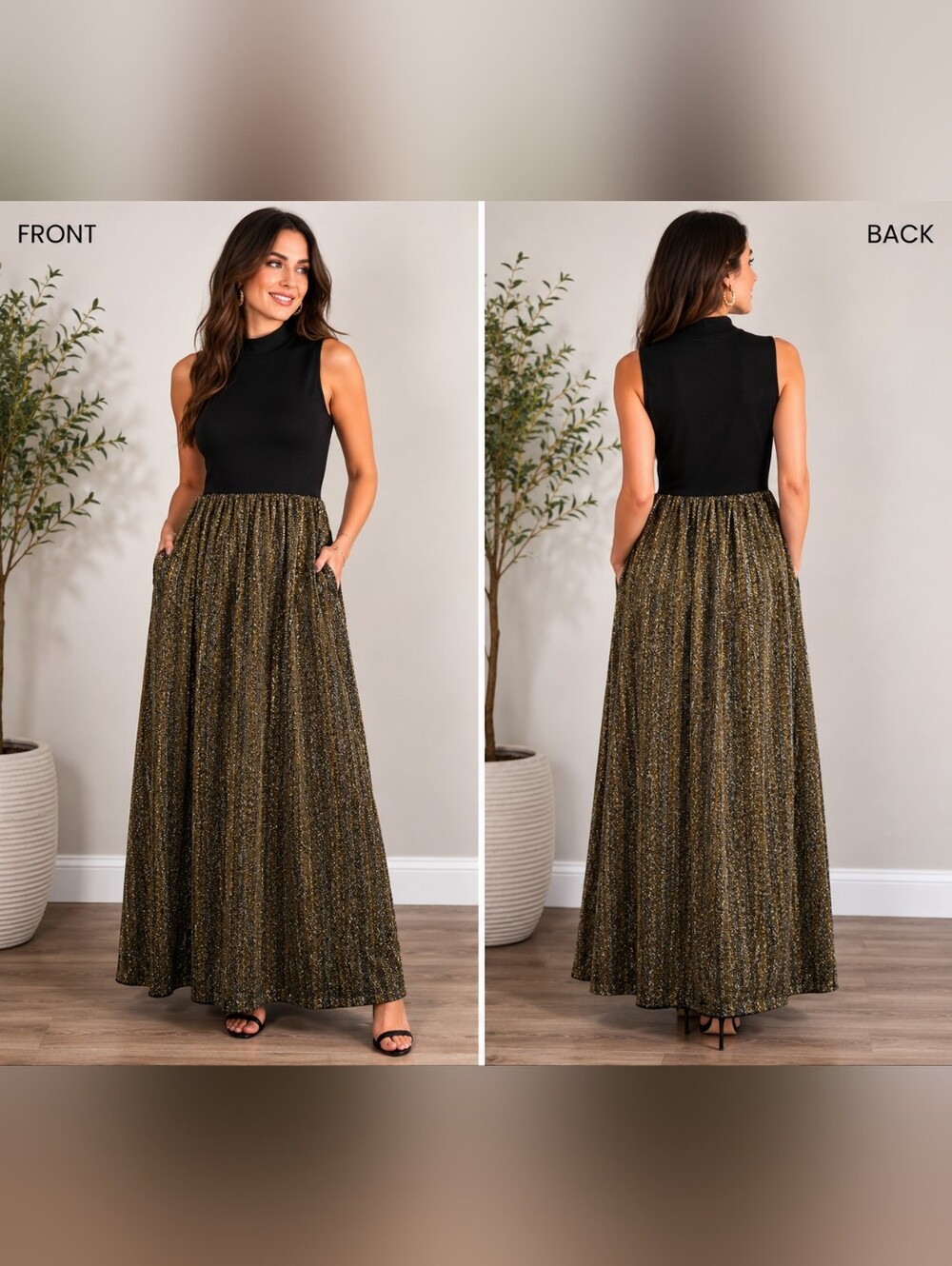 J.Crew Mockneck Mixed Media Sparkle Maxi Dress NWT Black Gold Sleeveless Pockets